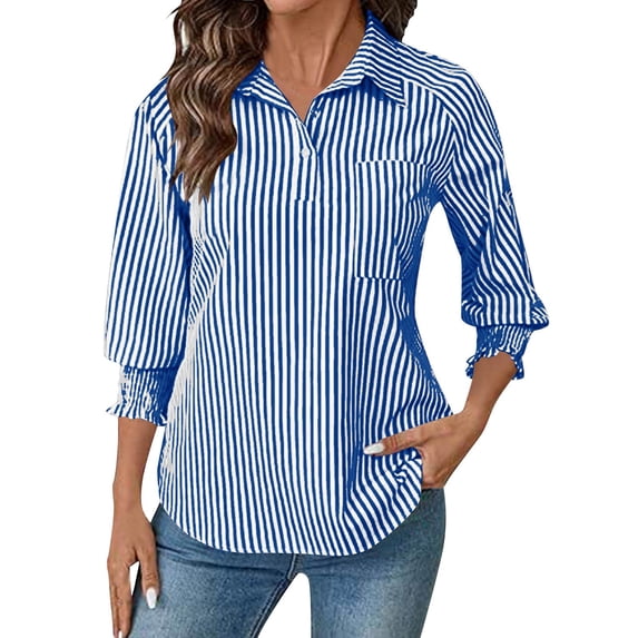 BUIGTTKLOP Womens Button down Shirts 3/4 Sleeve Smocked Cuffed Business Work Tunic Top with Pocket Collared Blouses
