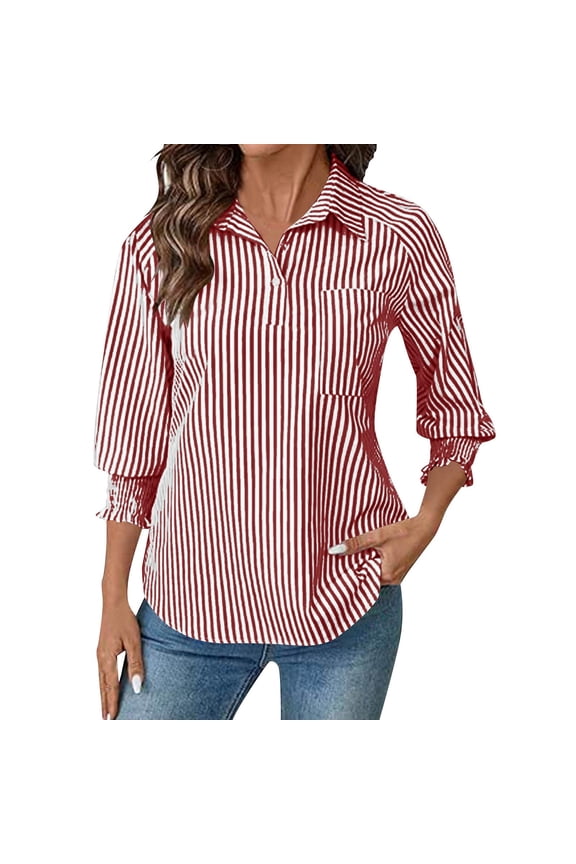 Womens Button down Shirts 3/4 Sleeve Smocked Cuffed Business Work Tunic Top with Pocket Collared Blouses