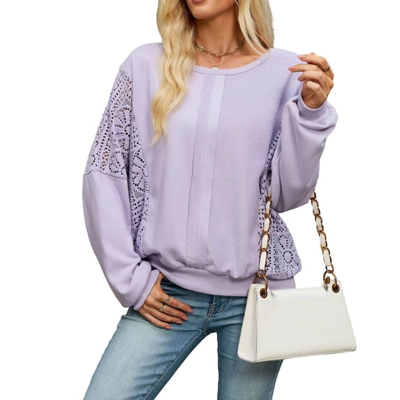 BUIGTTKLOP Womens Casual Sweatshirt Crochet Lantern Long Sleeve Crewneck Lace Loose Fit Fall Pullover Tops