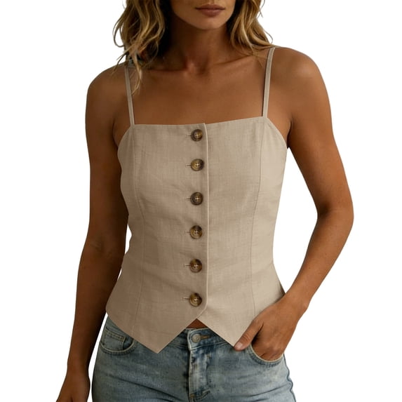 BUIGTTKLOP Womens Cotton Linen Cami Suit Vest Dressy Casual Button down Waistcoat Fitted Split Hem Summer Sleeveless Blazer Tops