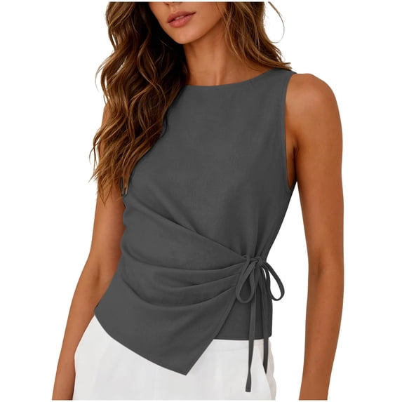 BUIGTTKLOP Womens Cotton Linen Crop Tank Tops Tie Wrap Sleeveless Ruched Boat Neck Shirts Casual Summer Beach Going out Tops