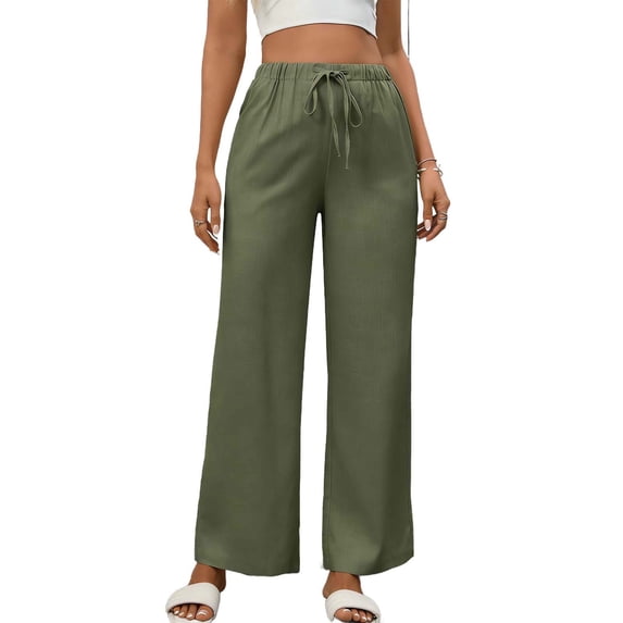BUIGTTKLOP Womens Cotton Linen Pants Drawstring High Waisted Palazzo Pants Wide Leg Loose Fitted Beach Trousers