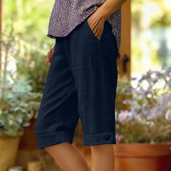 BUIGTTKLOP Womens Cotton Linen Shorts Knee Length Dressy Causal Elastic Waist Buttons Shorts with Pockets Summer Beach Outfits