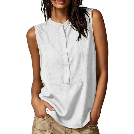 BUIGTTKLOP Womens Cotton Linen Tank Tops Basic Solid Business Casual Summer Sleeveles Shirts Loose Work Office Blouses