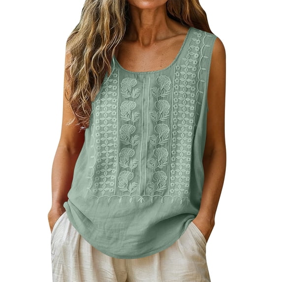 BUIGTTKLOP Womens Cotton Linen Tank Tops Boho Wide Strap Sleeveless Summer Tops Embroidered Flowy Blouses Causal Shirt