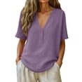 thumbnail image 1 of BUIGTTKLOP Womens Cotton Linen Tops Short Sleeve Shirts Button up V Neck T Shirts Solid Color Summer Tops, 1 of 6