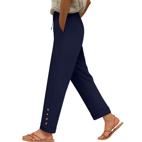 BUIGTTKLOP Womens Cotton Pants Drawstring High Waisted Casual Pants Straight Leg Lounge Trousers