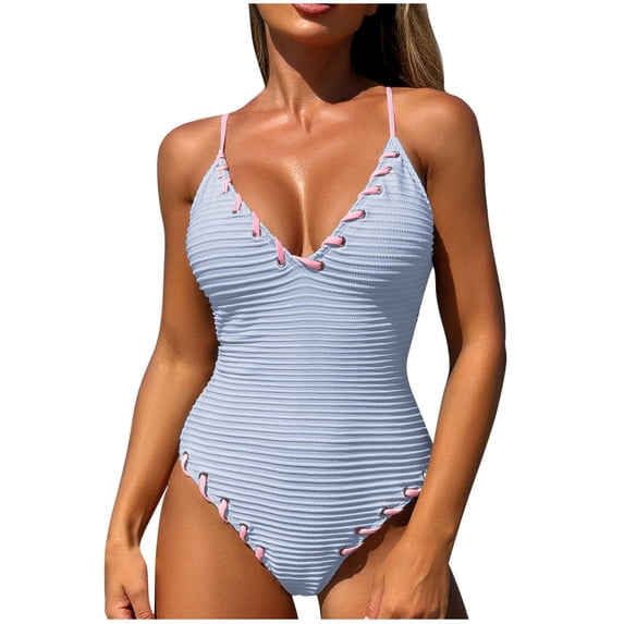 BUIGTTKLOP Womens Criss Cross 1 Piece Swimsuits V Neck Ribbed Swimwear High Cut Summer Bathing Suit