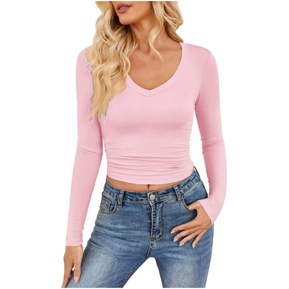 BUIGTTKLOP Womens Long Sleeve Shirts Casual V Neck Slim Fitted Tops Basic Tees Going out Outfits 2025 Fall Winter