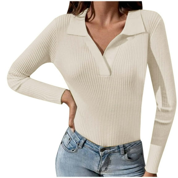 BUIGTTKLOP Womens Long Sleeve Shirts V Neck Ribbed Knit Shirts Business Casual Collared Work Top Slim Fitted Basic 2025 Fall Outfit