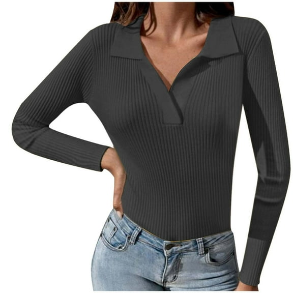 BUIGTTKLOP Womens Long Sleeve Shirts V Neck Ribbed Knit Shirts Business Casual Collared Work Top Slim Fitted Basic 2025 Fall Outfit