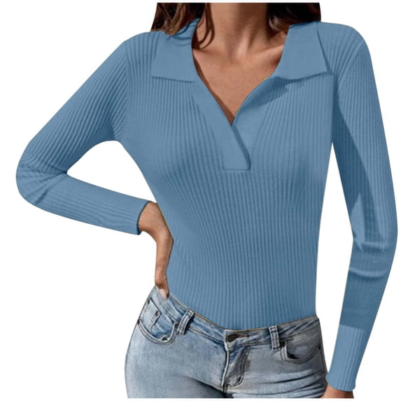 BUIGTTKLOP Womens Long Sleeve Shirts V Neck Ribbed Knit Shirts Business ...