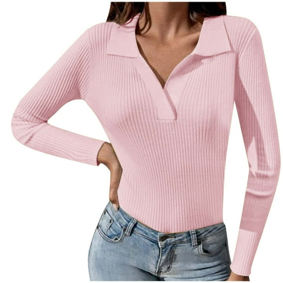 BUIGTTKLOP Womens Long Sleeve Shirts V Neck Ribbed Knit Shirts Business Casual Collared Work Top Slim Fitted Basic 2025 Fall Outfit