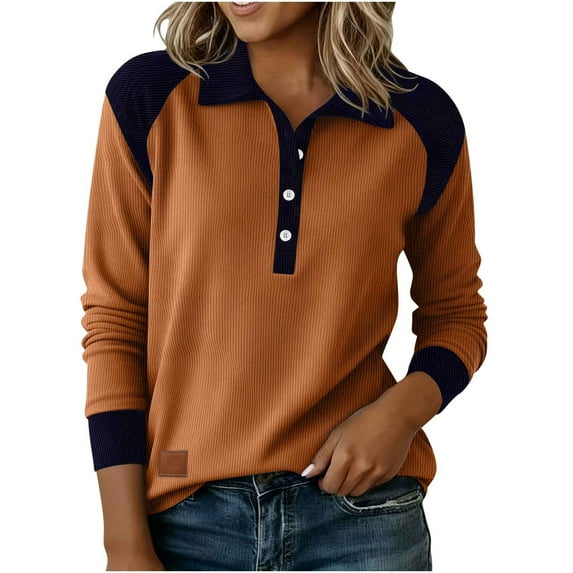 BUIGTTKLOP Womens Long Sleeve Tops Casual Long Sleeve Shirts Lapel Denim Patchwork Solid Color Pullover Tops
