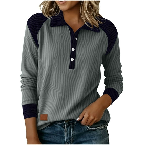 BUIGTTKLOP Womens Long Sleeve Tops Casual Long Sleeve Shirts Lapel Denim Patchwork Solid Color Pullover Tops