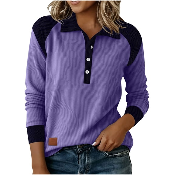 BUIGTTKLOP Womens Long Sleeve Tops Casual Long Sleeve Shirts Lapel Denim Patchwork Solid Color Pullover Tops