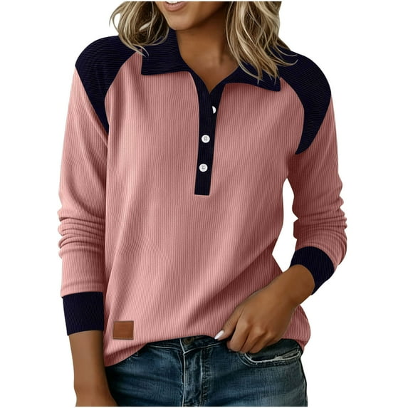 BUIGTTKLOP Womens Long Sleeve Tops Casual Long Sleeve Shirts Lapel Denim Patchwork Solid Color Pullover Tops