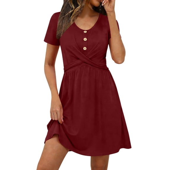 BUIGTTKLOP Womens Mini Dresses Round Neck Short Sleeve Casual Dresses A Line Pleated Summer Dress