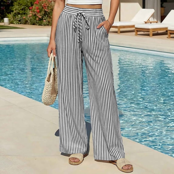 BUIGTTKLOP Womens Pants Casual Drawstring Elastic Waist Lounge Pants Striped Wide Leg Pants with Pockets