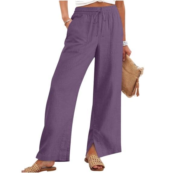 BUIGTTKLOP Womens Pants Drawstring High Waisted Lounge Pants Side Split Wide Leg Summer Beach Trousers