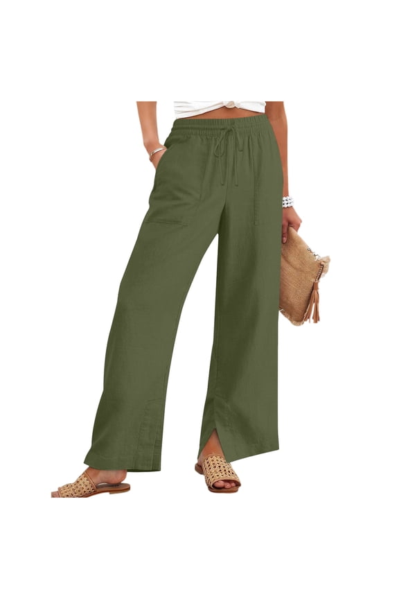 Womens Pants Drawstring High Waisted Lounge Pants Side Split Wide Leg Summer Beach Trousers