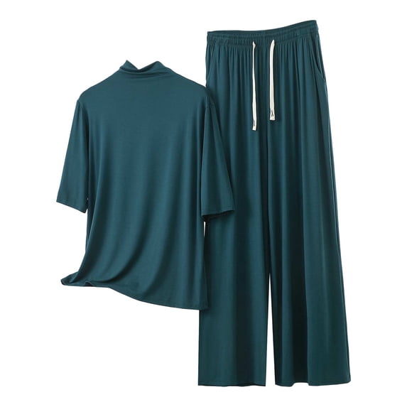 BUIGTTKLOP Womens Plus Size Pajamas Sets Half Sleeve High Neck Tops Drawstring High Waisted Lounge Pants Summer Outfits