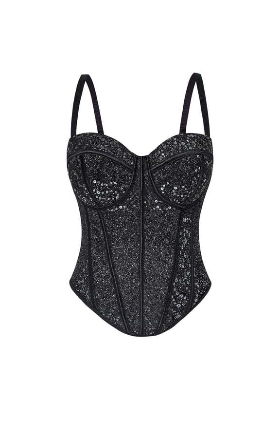 Womens Sequin Corset Tops Lace Mesh Bustier Built in Bra Sparkly Crop Top Glitter Tube Party Tops