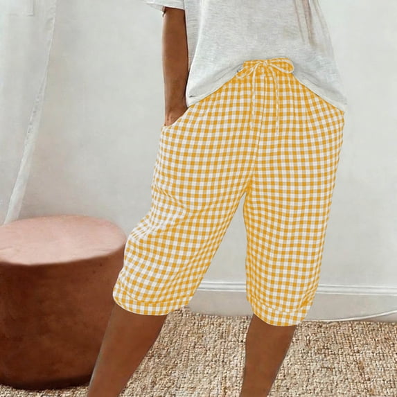 BUIGTTKLOP Womens Shorts Drawstring High Waisted Lounge Shorts Plaid Knee Length Summer Shorts with Pockets