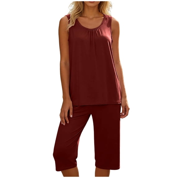 BUIGTTKLOP Womens Summer 2 Piece Pajama Sets Sleeveless Tops with Capri Pants Lounge Ladies Pjs Sets with Pockets