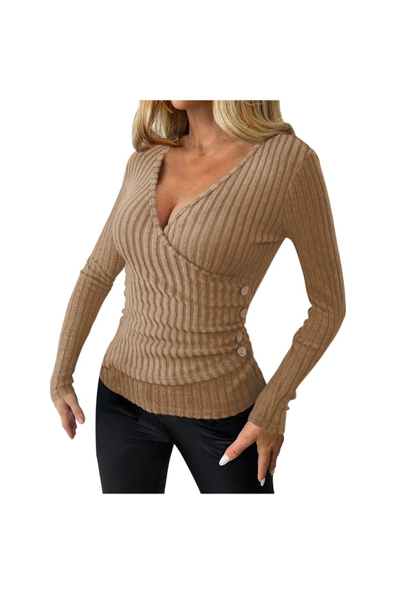 Womens Sweaters Long Sleeve Tops Wrap V Neck Stretchy Slim Fitted Ribbed Knit Blouses Top