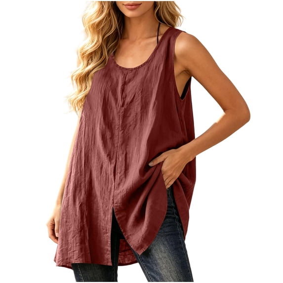 BUIGTTKLOP Womens Tank Tops Summer Cotton Linen Sleeveless Blouse Crewneck Front Split Loose Beach Tunic Top Shirt