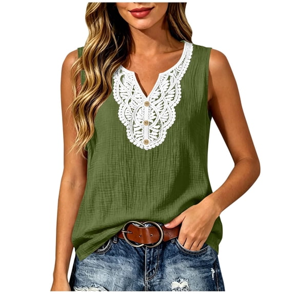 BUIGTTKLOP Womens Tank Tops Summer V Neck Sleeveless Shirts Loose Fitted Lace Boho Blouses Top
