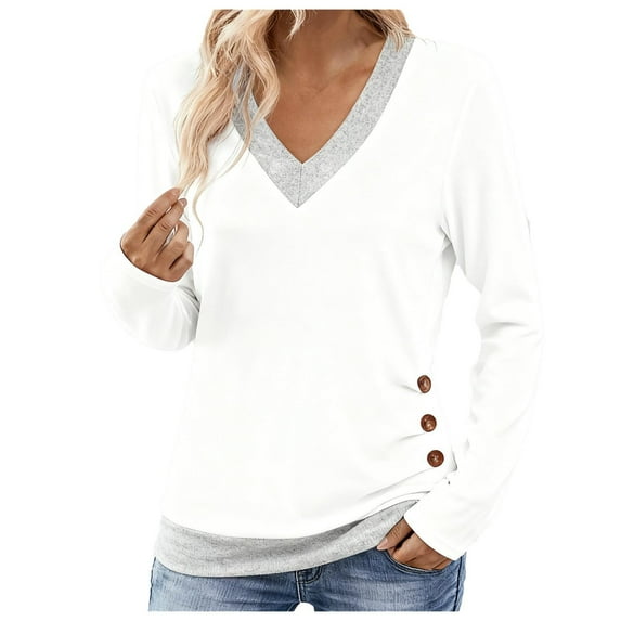 BUIGTTKLOP Womens Tops Long Sleeve Shirts Casual V Neck Tops Loose Fitted Solid Color Blouses