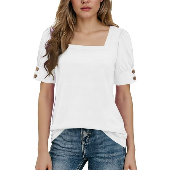 BUIGTTKLOP Womens Tops Summer Short Sleeve Shirts Square Neck Blouses Loose Fitted Tees Summer Outfits 2026