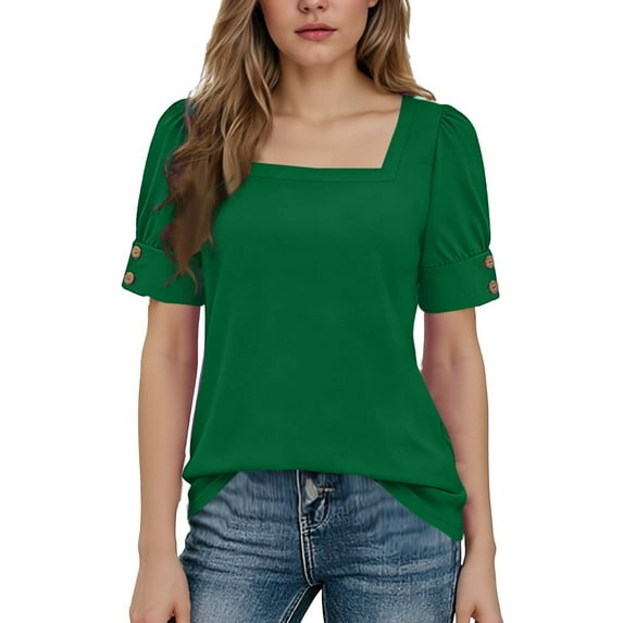 BUIGTTKLOP Womens Tops Summer Short Sleeve Shirts Square Neck Blouses Loose Fitted Tees Summer Outfits 2026