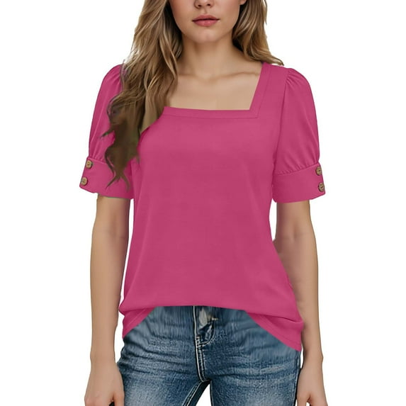 BUIGTTKLOP Womens Tops Summer Short Sleeve Shirts Square Neck Blouses Loose Fitted Tees Summer Outfits 2026
