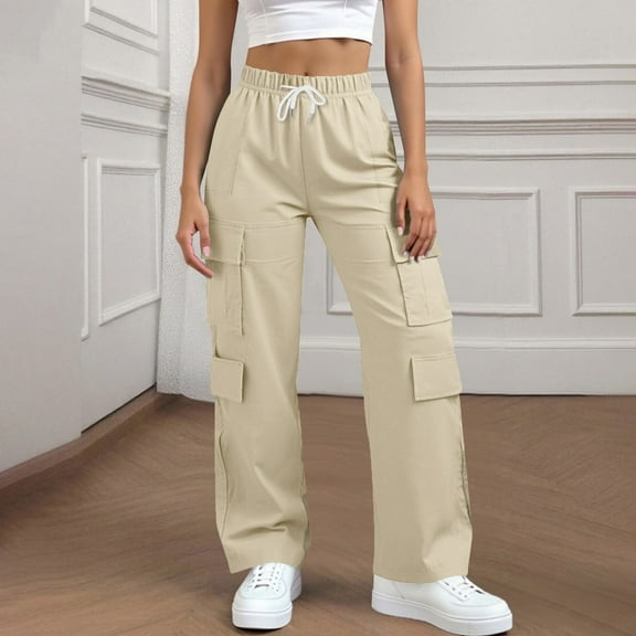 BUIGTTKLOP Womens Wide Leg Cargo Sweatpants Drawstring High Waisted Baggy Sweat Pants with Multi Pockets