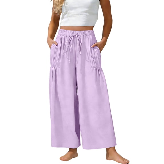 BUIGTTKLOP Womens Wide Leg Pants Casual Loose Drawstring Summer Beach Travel Vacation Palazzo Pants with Pockets