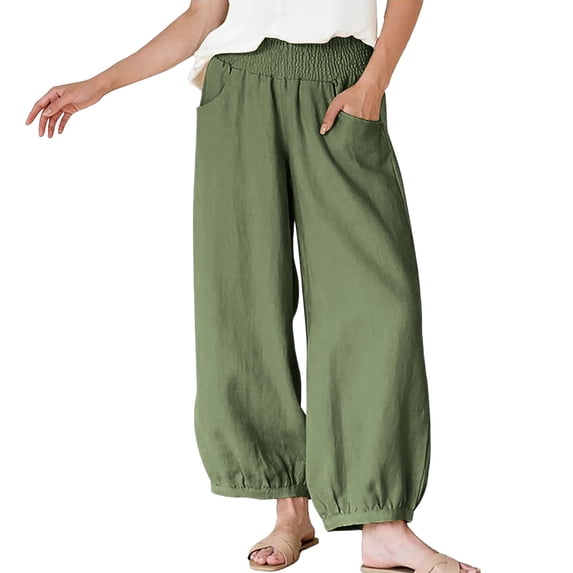 BUIGTTKLOP Womens Wide Leg Pants Cotton Linen Pants Elastic Waisted Lounge Trousers with Pockets