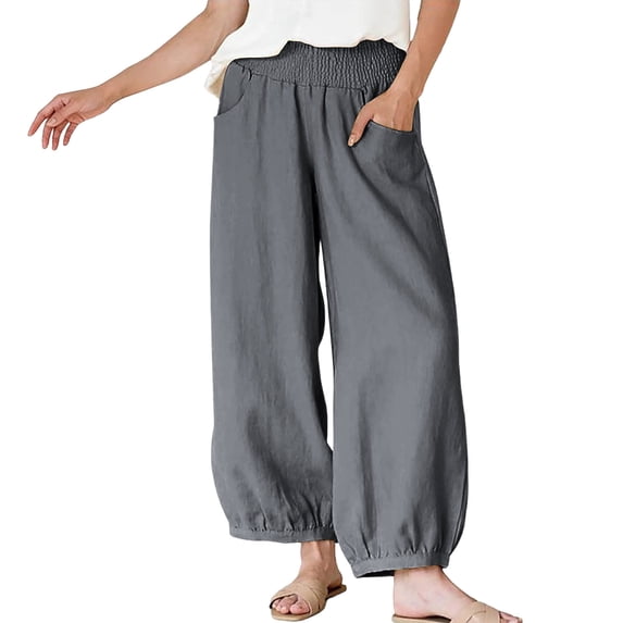 BUIGTTKLOP Womens Wide Leg Pants Cotton Linen Pants Elastic Waisted Lounge Trousers with Pockets
