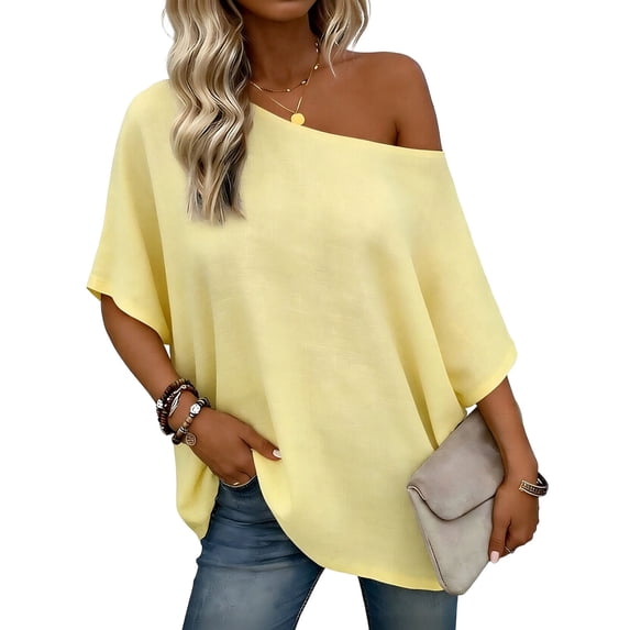 BUIGTTKLOP Womens off the Shoulder Summer Tops Short Sleeve Tunic Blouse 2026 Casual Asymmetrical Oversized Tshirts