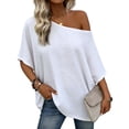thumbnail image 1 of BUIGTTKLOP Womens off the Shoulder Summer Tops Short Sleeve Tunic Blouse 2026 Casual Asymmetrical Oversized Tshirts, 1 of 6