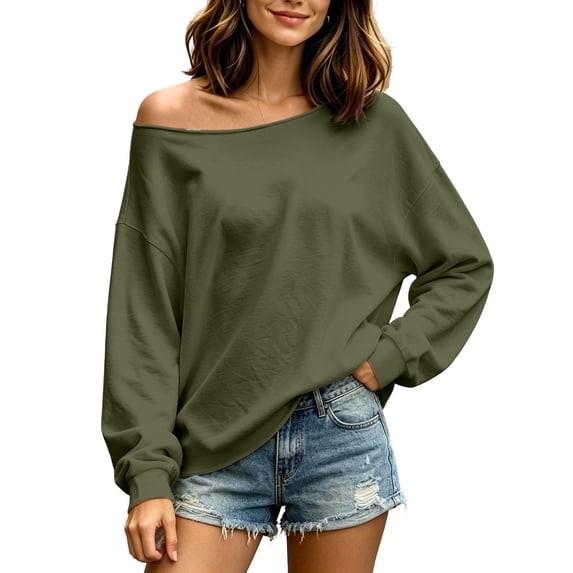 BUIGTTKLOP Womens off the Shoulder Sweatshirt Lightweight Oversized Long Sleeve Tops Loose Fitted Tunic Tops