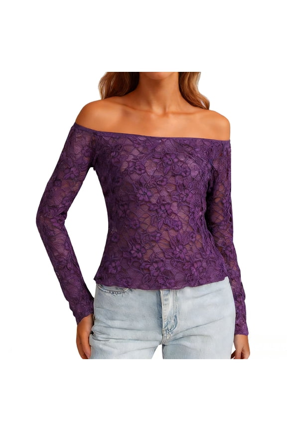 Womens off the Shoulder Top Boho Foral Lace Long Sleeve Shirts Mesh Fitted Going out T Shirts Tops
