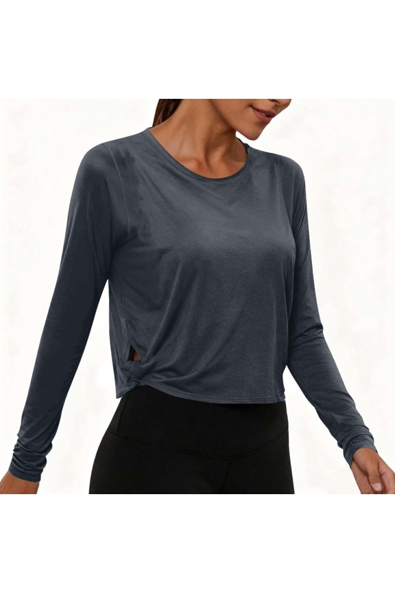 Workout Tops for Women Long Sleeve Cropped Yoga Tops Crewneck Athletic Runing Gym Tees