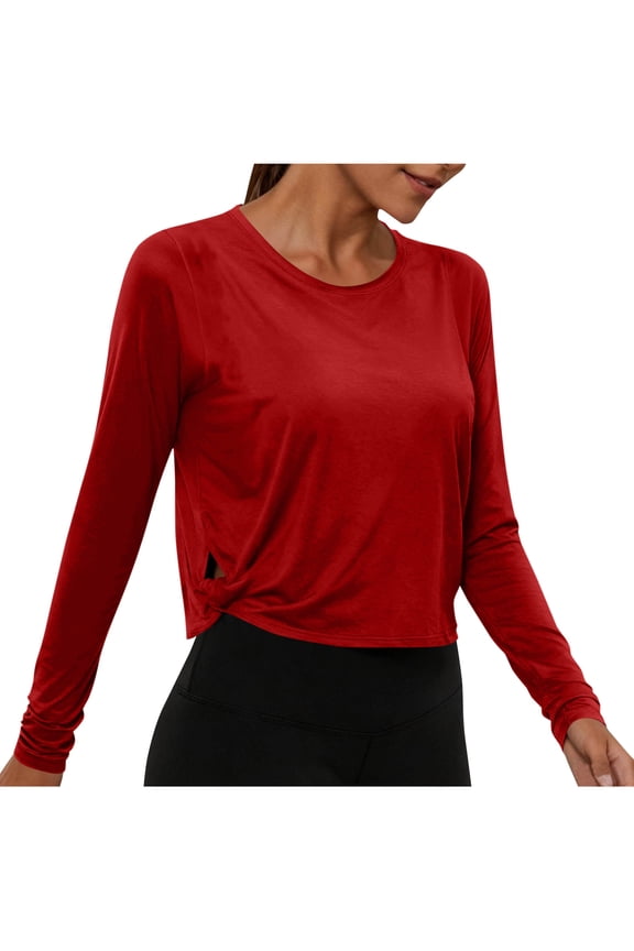 Workout Tops for Women Long Sleeve Cropped Yoga Tops Crewneck Athletic Runing Gym Tees