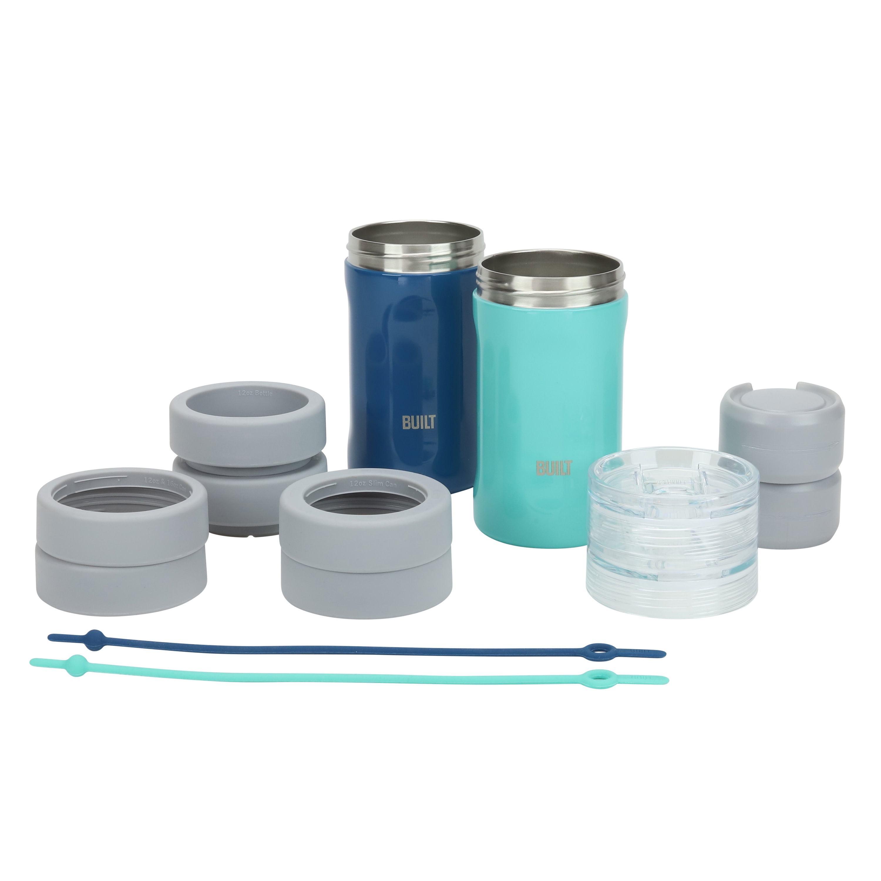 BUILT 5-in-1 14 oz Insulated Stainless Steel Can Cooler and Drink Sleeve Set, Poseidon and Cockatoo