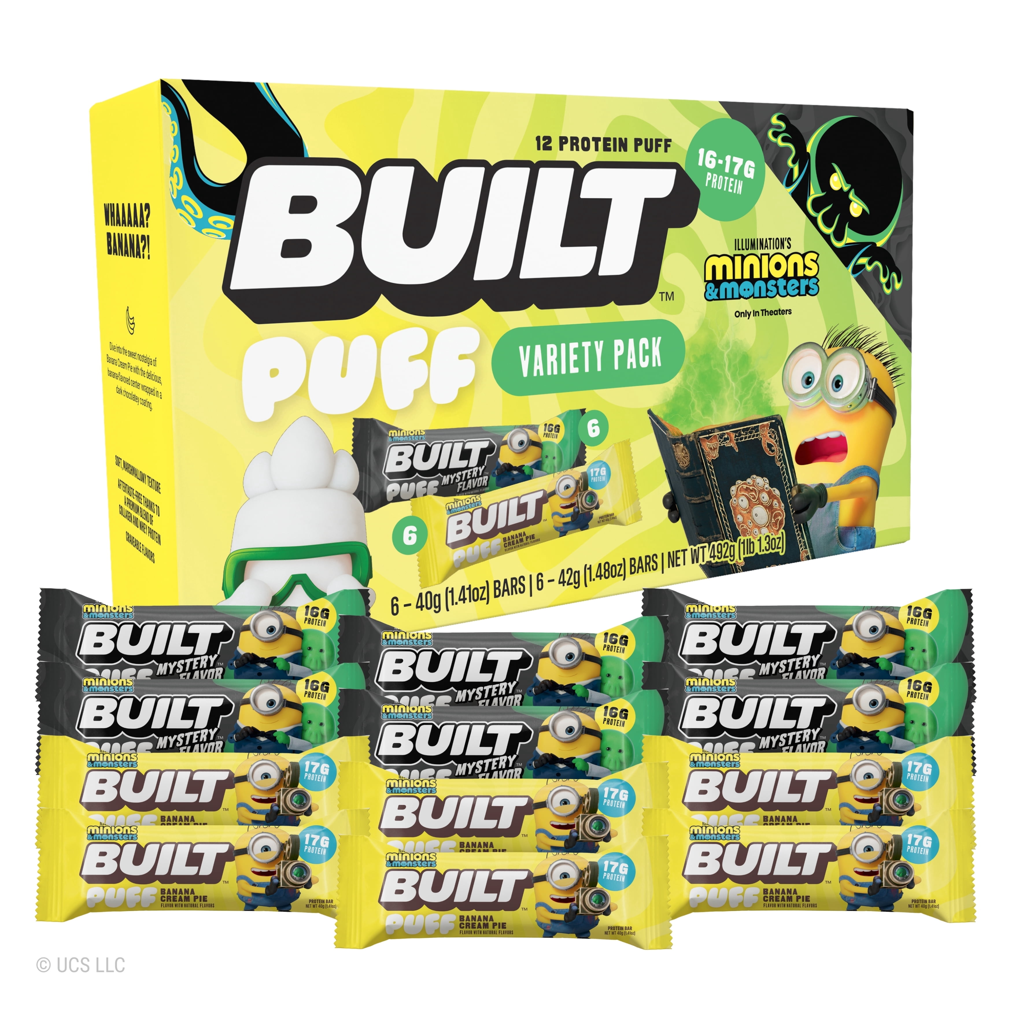 BUILT Bar Limited Edition Puff Variety Pack, Featuring Minions & Monsters*, 16-17g Protein , Gluten Free - 12 Pack
