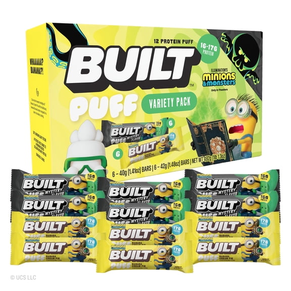 BUILT Bar Limited Edition Puff Variety Pack, Featuring Minions & Monsters*, 16-17g Protein , Gluten Free - 12 Pack