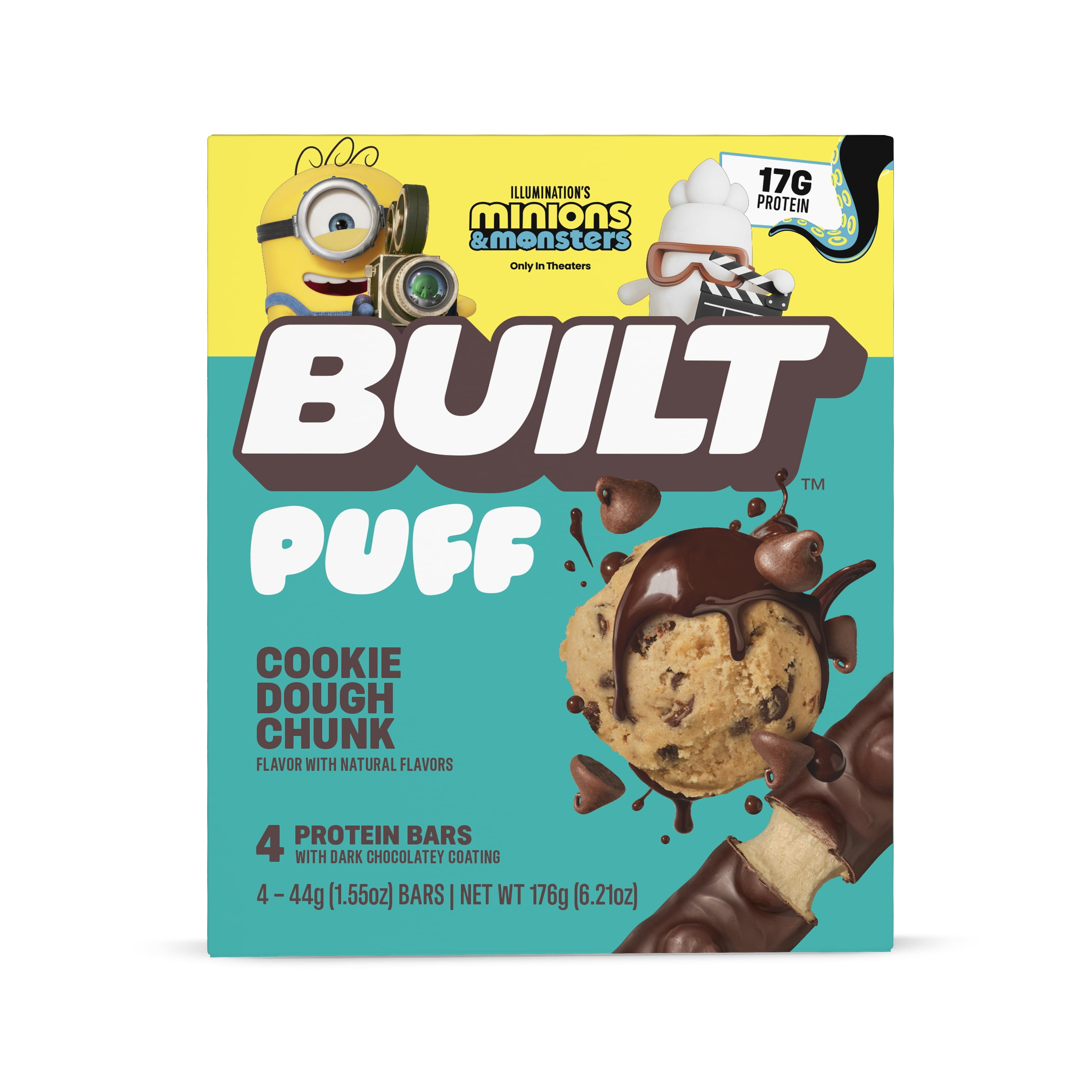 BUILT Puff Protein Bar, Cookie Dough Chunk, 15g Protein, Collagen, 160 Calories, 4 Count Box, 1.55 oz Bars